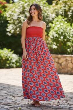 Jovie Red Floral Print Smocked Strapless Maxi Dress One Size Plus